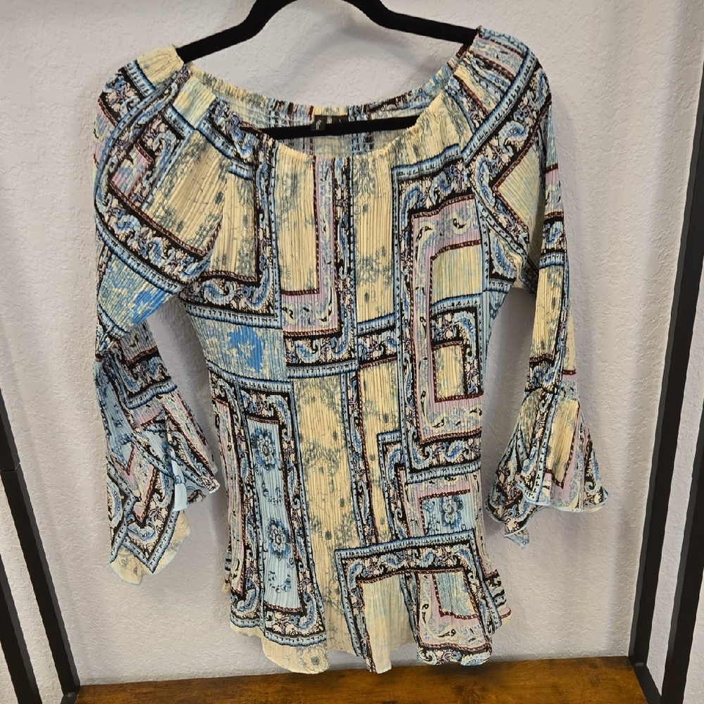 Essentials by Milano Blue and Cream Ruffled 3/4 Sleeve Blouse